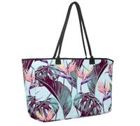 Large Beach Bag for Women, Tropical Paradise Flowers Jungle Leaves Bird Pattern Travel Tote with Pockets Waterproof Shoulder Handbag