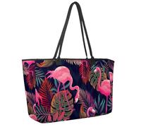 Large Beach Bag for Women, Tropical Pink Flamingo Palm Leaves Summer Pattern Travel Tote with Pockets Waterproof Shoulder Handbag