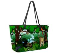 Large Beach Bag for Women, Tropical Rainforest with Animals Jungle with Parrots Jaguar Travel Tote with Pockets Waterproof Shoulder Handbag