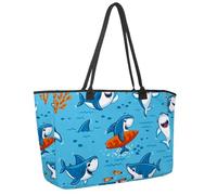 Large Beach Bag for Women, Underwater Cute Cartoon Sharks Fish Coral Pattern Travel Tote with Pockets Waterproof Shoulder Handbag