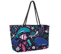 Large Beach Bag for Women, Underwater Dolphin Whale Jelly Seaweed and Corals Pattern Travel Tote with Pockets Waterproof Shoulder Handbag