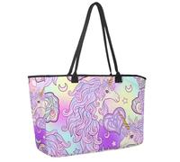 Large Beach Bag for Women, Unicorn Colorful Mane Butterfly Rainbow Star Love Heart Travel Tote with Pockets Waterproof Shoulder Handbag
