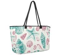 Large Beach Bag for Women, Vintage Pink and Mint Seashells Travel Tote with Pockets Waterproof Shoulder Handbag