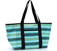 Large Beach Bag for Women, Waterproof Sandproof Mesh Tote with Zipper, Lightweight Travel Bag for Pool and Picnic, Tropical Striped, L