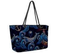 Large Beach Bag for Women, Whales and Anchor Lighthouse Sea Wave and Boat Travel Tote with Pockets Waterproof Shoulder Handbag
