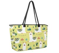 Large Beach Bag for Women, White Llamas Cute Alpacas Cacti Mountains Garlands Pattern Travel Tote with Pockets Waterproof Shoulder Handbag