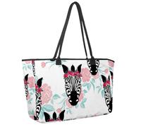 Large Beach Bag for Women, Wild African Animal Zebra Rose Wreath Travel Tote with Pockets Waterproof Shoulder Handbag
