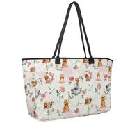 Large Beach Bag for Women, Yorkshire Terriers Dogs with Rose Watercolor Pattern Travel Tote with Pockets Waterproof Shoulder Handbag