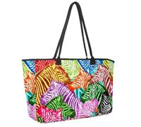 Large Beach Bag for Women, Zebra Colorful Animal Art Painting Travel Tote with Pockets Waterproof Shoulder Handbag