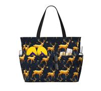 Large Beach Bags for Women Sandproof - Golden Deer Pattern Print Summer Work Travel Tote Bags with Zipper