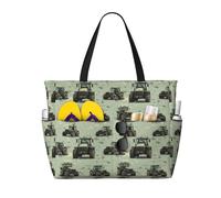 Large Beach Bags for Women Sandproof - Green Camouflage Tractor Print Summer Work Travel Tote Bags with Zipper