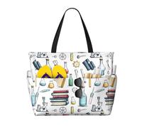 Large Beach Bags for Women Sandproof - Science Lab Doodle Pattern (2) Print Summer Work Travel Tote Bags with Zipper