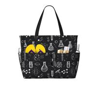 Large Beach Bags for Women Sandproof - Science Lab Doodle Pattern Print Summer Work Travel Tote Bags with Zipper