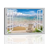 Large Beach Pictures Wall Art Canvas Print Artwork Blue Ocean Seascape Window frame Decor Living Room Bedroom Office 24 x36