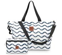 Large Beach Tote Set for Moms - Foldable Sandproof Travel Bag with Waterproof Pouch, Crossbody Strap & Zipper Pockets, Navy, L