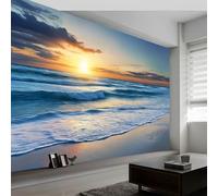 Large Beautiful Ocean Waves Sunrise Mural Wallpaper 250 x 175 cm, Nature Landscape Photo Wallpaper, Wall Mural Sticker for Bedroom Living Room Hallway Sofa Backdrop Wall Decor