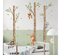 Large Birch Tree and Jungle Animals Wall Decals, Cartoon Fox Money Loala Raccoon Wall Stickers Peel and Stick Wall Decal Waterproof Wall Art Sticker for Baby Nursery Kids Room Home Decor (H: 59.5 in)