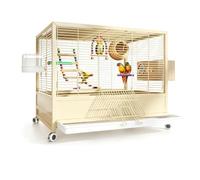 Large Bird Cage 24.4x16.5x41.3in Spill-Proof Guard 360° Casters for Parrots | 0.4in horizontal bars, 4-side spill guard, 60cm wide interior, 360° silent casters with brakes(Beige,A)