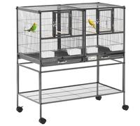 Large Bird Cage Black Steel Metal Wire Plastic 95x45.5x102cm Rolling Stand Bowls