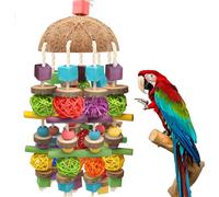 Large Bird Parrot Chewing Toy,Parakeet Cage Bite Toys Nature Durable Hanging Chewing Multicolored Natural Wooden Blocks ，Rattan Ball and Coc