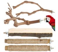 Large Bird Perch Stand, Pole Standing Natural Wood Bird Perch Set 5PCS Paw Grinding Fork Parrot Cage Branch with Rope for Macaw African Grey Amazon Pet Medium Large Birds Cage Accessories