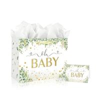 Large Birthday Gift Bag for Baby Shower Present,Sage Green Gifts Bag,33*26*12cm Eucalyptus Green Gender Reveal Jungle Party Paper Bags with Handles and 3 Wrappers 1 Card,Oh Baby Gift Bags for Girl Boy