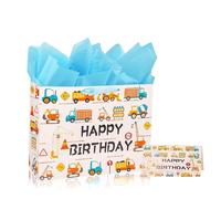 Large Birthday Gift Bag for Kid Boys Presents,Children Digger Gift Wrap Wrapping Bag,33*26*12cm Happy Birthday Party Present Bags with Handles and 3 Wrappers 1 Card,Luxury Paper Gift Toto Bags for Boy