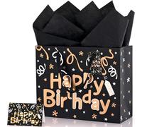 Large Birthday Gift Bag for Men Women, Black and Gold Foil Happy Birthday Paper Gift Bags for Presents with Tissue Paper Greeting Card, Black Present Bags for Baby Shower Christening Party, 33x26x12cm