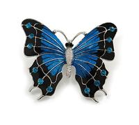 Large Black/Blue Enamel, Crystal Butterfly Brooch In Rhodium Plating - 50mm Across