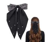 Large Black Bow Hair Clip with Long Tails & Pearl Accents - Dual-Style Statement Ribbon, Strong Non-Slip French Barrette, Elegant Hair Accessories for Women & Girls, Party, Wedding, Daily (Black)