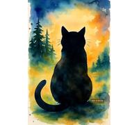Large Black Cat Silhouette Against Vibrant Watercolor Landscape - A4 Wall Art Poster Home Decor Art Print with Adorable and Quirky Cats Perfect for Cat Lovers and Vintage Style Enthusiasts