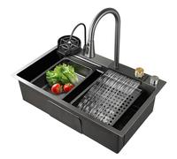 Large Black Stainless Steel Kitchen Sink with Waterfall Faucet Single Bowl Includes Cup Washer & Accessories (33.5 x 17.7 8.7 in)