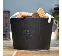 Large Black Steel "Fire Wood" Log Basket - Heavy Duty Coal & Log Bucket - Rustic Metal Fireplace Storage Container for Wood, Kindling & Ash - Fireside Accessory for Hearth, Cabin & Home