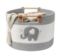 Large Blanket Basket 35L Cotton Rope Baskets with Wooden Handles Woven Baskets for Kids Stuffed Animal Toys Storage for Nursery, Laundry Hamper Clothes Baby Hamper Boys Gift Basket Empty, (Elephant ）