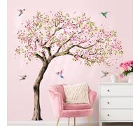 Large Blooming Cherry Tree Wall Stickers Pink Peach Blossom Tree Hummingbirds Wall Decals Peel and Stick Spring Wall Art Decor for Girls Bedroom Living Room Kitchen Sofa TV Backdrop Wall Decoration