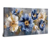 Large Blue and White Floral Wall Art 20x40in Navy Blue and Gold Wall Decor Modern Abstract Flower Canvas Wall Pictures for Living Room Grey Elegant Painting Artwork for Bedroom Hallway Home Decoration