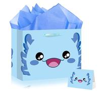 Large Blue Axolotl Gift Bag Axolotl Birthday Bags with Handles Tissue Paper Axolotls Greeting Card Blue Wrapping Paper Bags for Kids Boys Girls Baby Shower Axolotls Birthday Party Favor Decorations