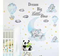 Large Blue Baby Boy Elephant Wall Decal, JOENCOST Cute Five Elephant Dream Big Little One Wall Stickers Watercolor Grey Cloud Gold Star, Removable Nursery Wall Decor for Kids Bedroom Living Room…
