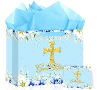 Large Blue Baptism Gift Bag with Gold Cross - God Bless Religious Gift Bag Set with Greeting Card & Tissue Paper for Boy or Girl, Perfect for Christening, First Communion, Baby Dedication & Christian