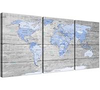 Large Blue Grey Map of World Atlas Canvas Wall Art Prints 3 Piece 125cm wide - 3303