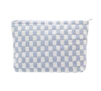 Large Blue Knit Plaid Makeup Bag with Zippered Cosmetic Organizer, Multifunctional Pouch for Brushes and Accessories, Travel Essential for Organization