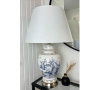 Large Blue Landscape Ceramic Table Lamp With Plain Shade
