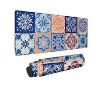 Large Blue Peach Vintage Tile Mouse Pad, Decorative Mousepad with Stitched Edge, Washable Non-Slip Rubber Mouse Pad for Computer