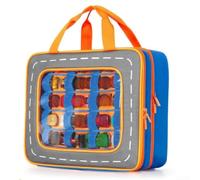 Large Blue Toy Car Storage Bag 13.25x4.75x11in Waterproof Polyester Holds | Includes 9 pockets 3 zippered compartments clear front window elastic straps for neat toy display easy carrying