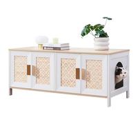 Large Boho Cat Litter Box Enclosure for 2 Cats, Hidden Cat Washroom Furniture with Rattan Doors, Dual Compartment Litter Cabinet & TV Stand, Modern Wooden Cat House (47.2”L x 19.6”W x 19.8”H)