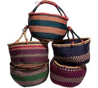 Large Bolga Round Basket Original Africa Ghana Shopping Basket Leather Handle Fair Trade Approx. 35-40 cm