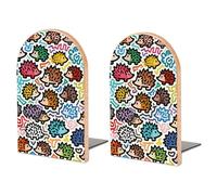 Large Bookend Hold Heavy Books Little Hedgehog Graffiti Decorative Wood Bookends Novelty Metal Base Book Ends for Men Women Wood Bookends for Office Desk Non-Skid 6.7x4.7x3.9in