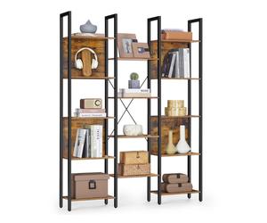 Large Bookshelf with 14 Storage Shelves, Rustic Brown + Ink Black / 24 x 128 x 166 cm