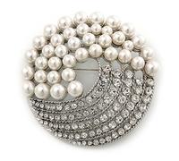 Large Bridal Glass Pearl, Crystal Dome Shape Corsage Brooch In Rhodium Plating - 60mm Diameter