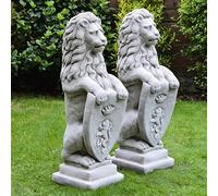 LARGE BRITISH LION PAIR HAND CAST STONE DETAILED OUTDOOR GARDEN STATUE ORNAMENT SHIELD HEAVY ENTRANCE PATIO DRIVEWAY